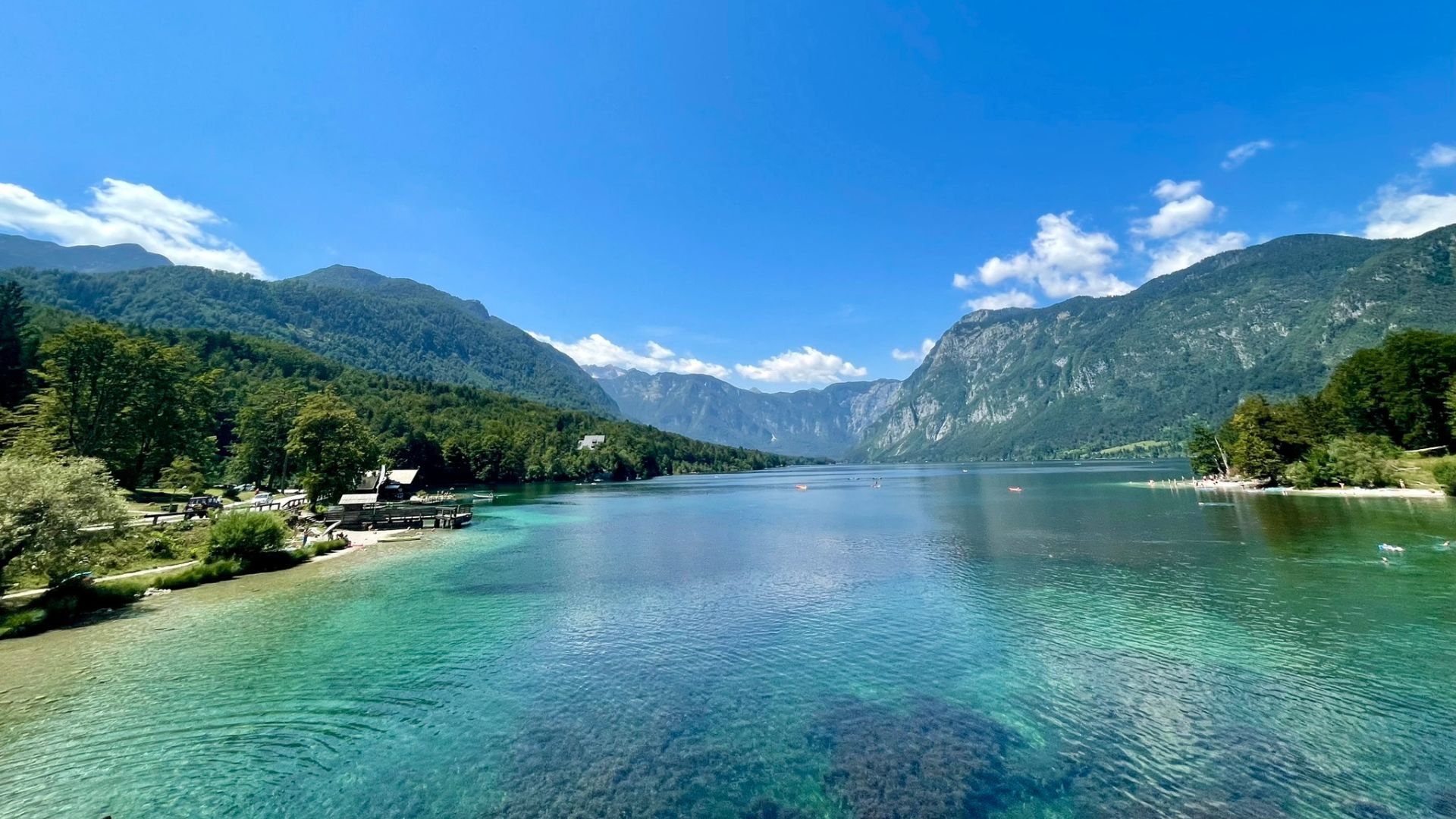 Blick auf den türkisblauen Bohinj-See und die umliegenden Berge in Slowenien